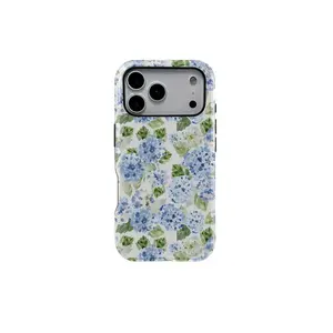 Blue Hydrangea Floral Girly Case Spring Summer Fashion Cute 2-in-1 Cellphone Shell, Sturdy Impact Resistant & Chic Look.Compatible with iPhone 11, 12, 13, 14, 15 16 17 Pro Max and Pro Plus Series Unique New Protective Case