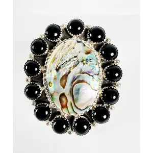 NAVAJO HANDMADE BLACK ONYX & ABALONE SHELL RING SIZE 8 (MW66)