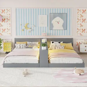 Double Twin Size Bed Frame with Storage,Twin Floor Bed with Light & Charging Station, Convertible 2 Twin Beds for 2 Kids, No Box Spring Needed