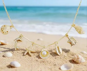 Beach Bum Essential! Gold Sea Life Charm Necklace  | Turtle & Starfish Layered Choker