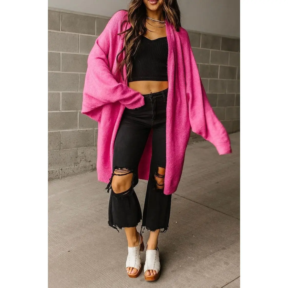 Women's Oversized Hot Pink Knit Cardigan, Casual Cotton Blend Long Sleeve Top with Drop Shoulders and Pockets