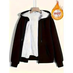 Plus Size Women's Fall Winter Plush Hoodie Jacket, Casual Plain Color Long Sleeve Outerwear, Comfortable Fleece Lined Coat for Ladies Can be used with raincoat