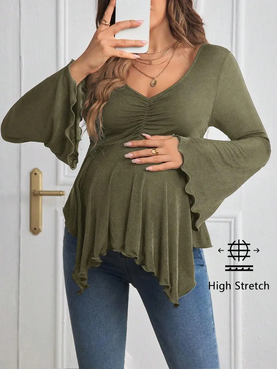 Bumpie x  Maternity Flounce Sleeve Ruched Lettuce Trim Y2k Style T-Shirt, Black Long Sleeve Tight Fit Maternity Top, Autumn/Winter Fall