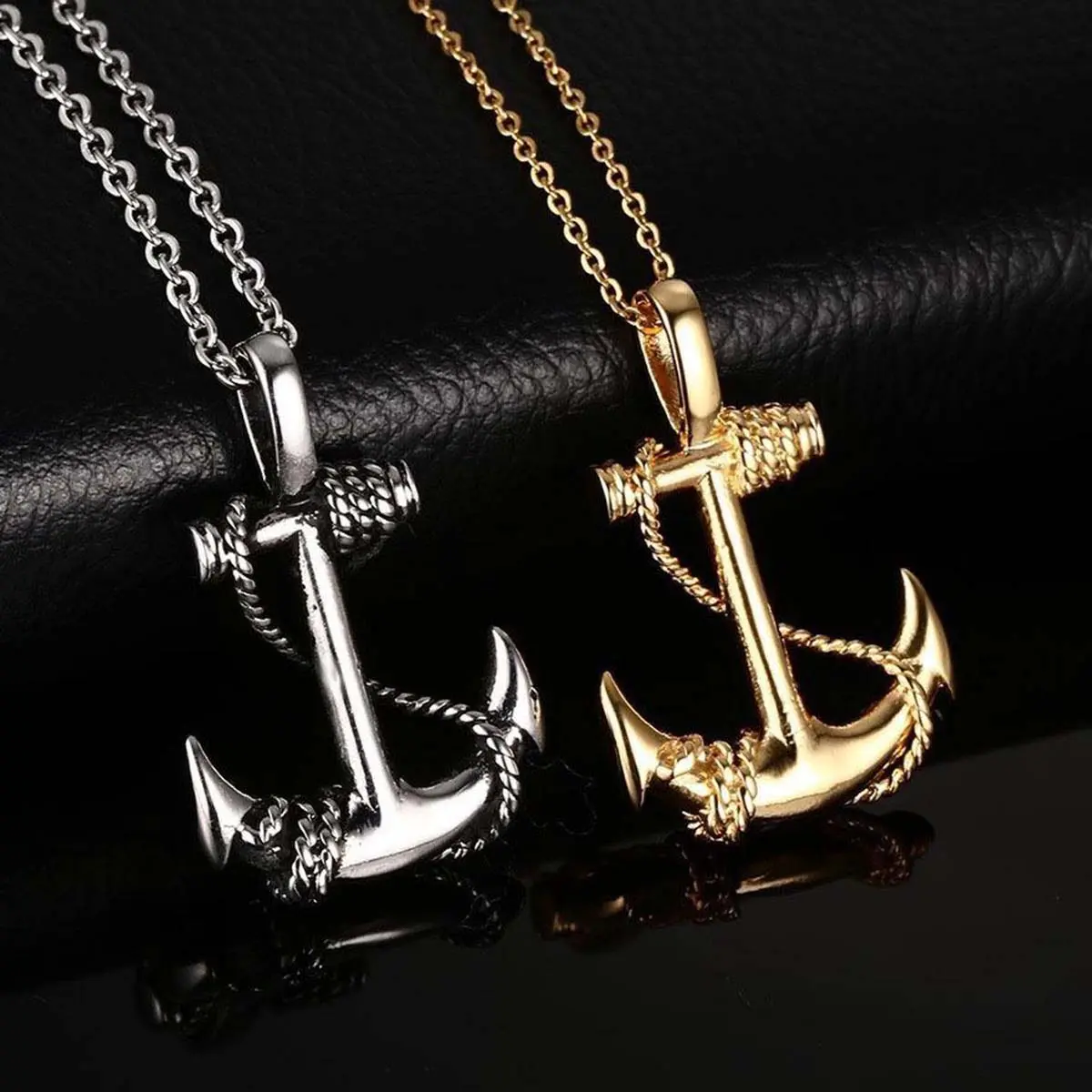 Unisex Chunky Chain Unique Necklace for Adults - Punk Nautical Pendant with Artificial Gemstone, Metal-Coated Daily Elegant Casual Jewelry, Anchor, Gemstone Accent, 3 Years, Artificial Gems, Luxe Look