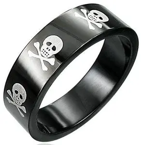 Black Anti-Rust Steel Ring with White Skulls, 8-10mm - Funky Gothic Lolita Tattoo Style Steel Ring for Costume Jewelry, Funky Rings, Anti-Rust Steel Rings
