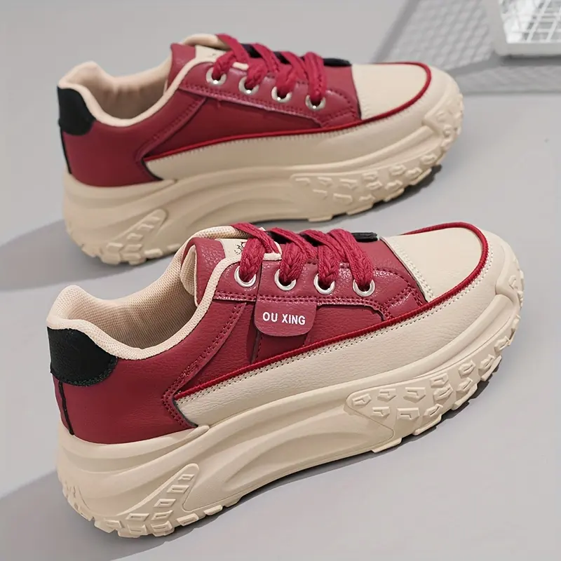 Women's 2024 Chunky Platform Casual Trainers - Height-Boosting, Slip-Resistant, Lace-Up Synthetic Sneakers with Round Toe, Comfortable Fabric Lining, Durable Rubber Sole (Black, Red, White)