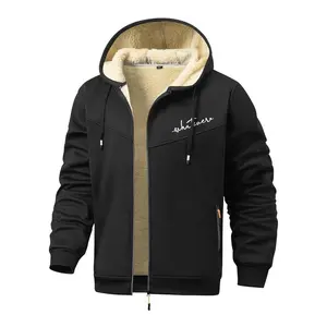 Men’s casual windproof fleece jacket with hood, letter print, zipper pockets—soft, warm, cozy for autumn and winter; menswear coat with long sleeves