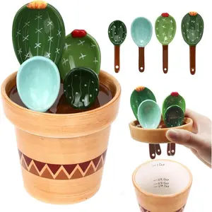 5 Pieces Measuring Spoons Set/Ceramics Spoons and Measuring Base Cup/for Dry and Liquid Ingredient, Cute Cactus Shape (Wave base) Kitchen Utensils