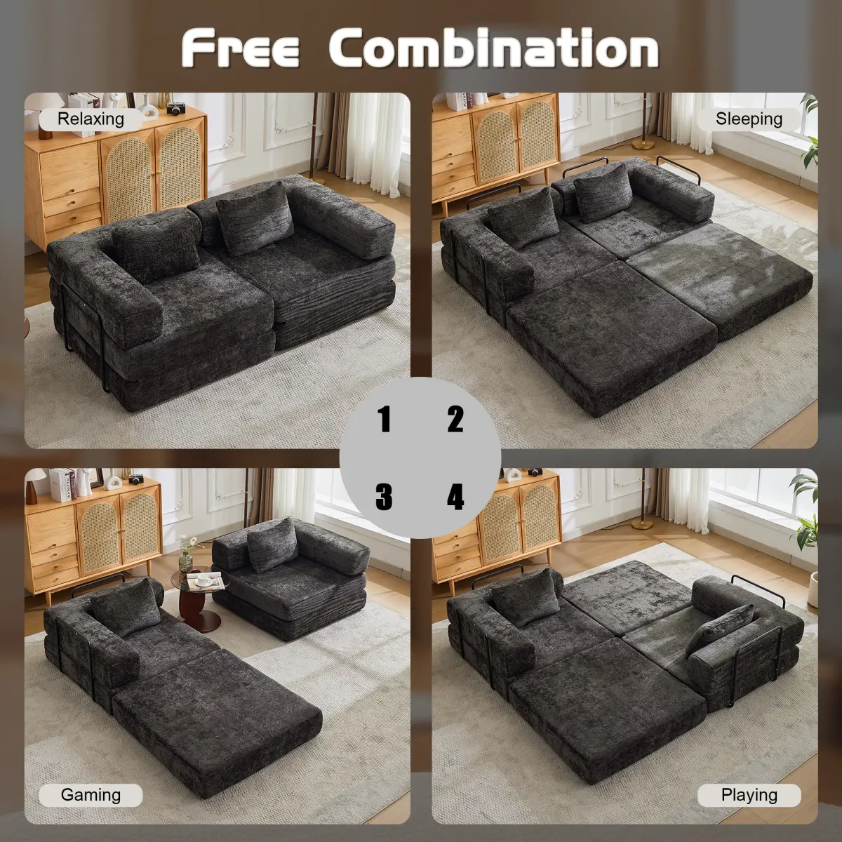 Compression Convertible Floor Sofa Bed, Modular Chenille Sectional Couch, Multiple Sizes, No Assembly