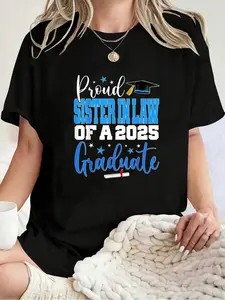 100% Cotton Senior 2025 Proud Sister-In-Law Of A Class Of 2025 Graduate T-Shirt, Women Graphic T Shirts -  Printed Short Sleeve T-Shirt Top