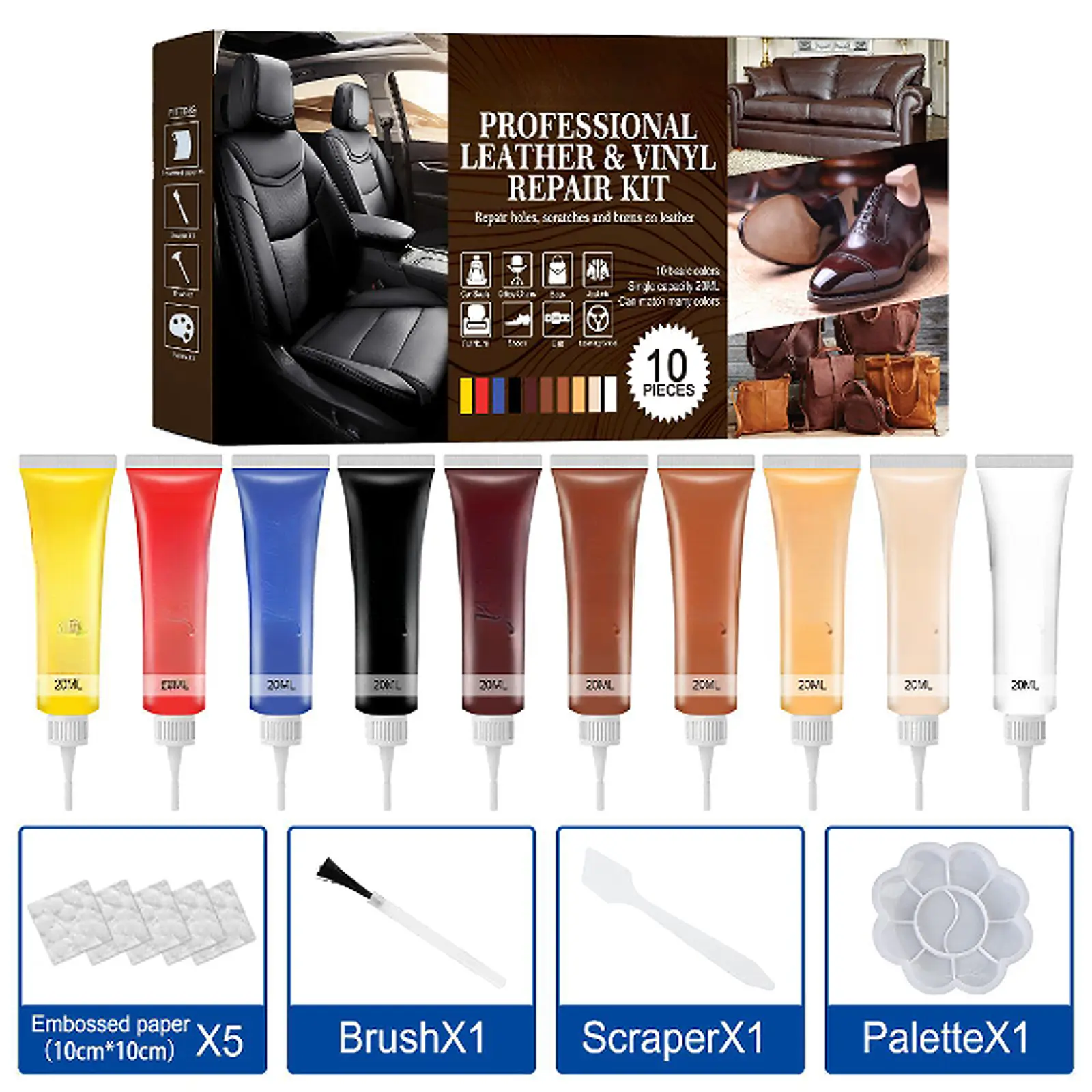 Leather Recoloring Balm Set, Leather Repair Cream, Furniture Sofa Car Seat Leather Dye Restorer, Scratch Refurbish Cream for Leather Bags, Shoes, Jackets