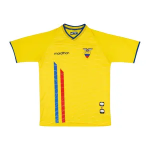 [Trending] - Ecuador Inspired Yellow V-Neck Soccer Jersey – Blue Red Stripe Fan Shirt