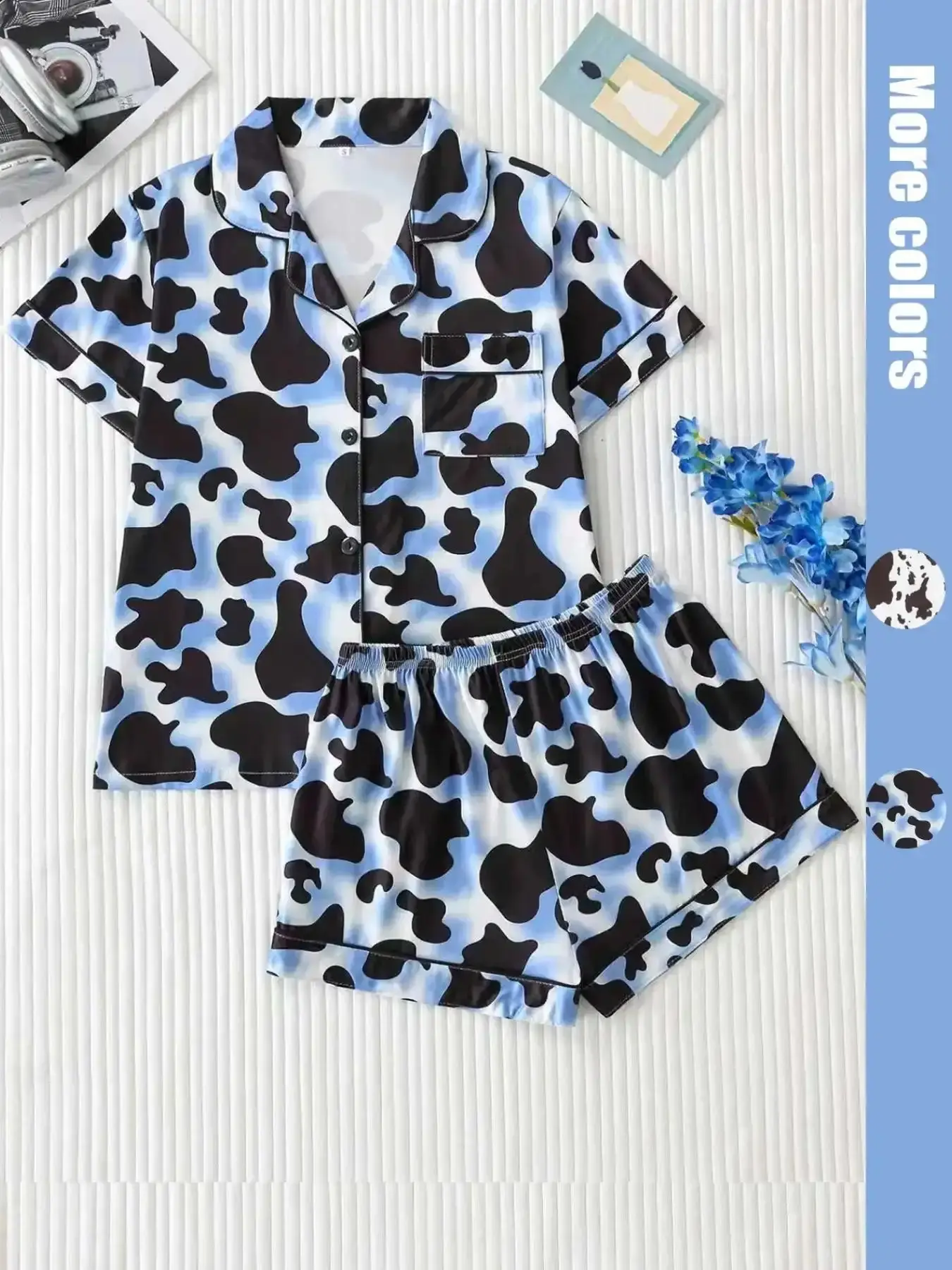 Women's Cow Print Notched Neck Crop Shirt & Shorts Pajama Two-piece Set, Elegant Comfy Short Sleeve Top PJ Ladies Sleepwear Loungewear for All Seasons lightweight slim fit chic look street style