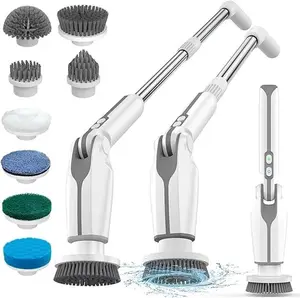 Leebein Electric Spin Scrubber, 2024 Upgraded Electric Scrubber for Cleaning, Spin Scrubber with Long Handle & 8 Replaceable Brush Heads, Remote Control Shower Cleaner Brush for Bathroom, Floor(White) Cordless Electric
