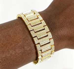 Luxury Mens Iced Out Bracelet Bangle Hip Hop Gold Plated CZ Diamond Cuban Link Sparkling Rhinestones Gold-Tone Finish Gift Ready Unisex Jewelry 20cm
