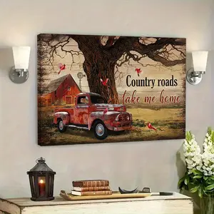 A Farmhouse Wall Art - Country Red Truck Barn Painting with Quote "Country Road Takes Me Home", Wooden Frame Canvas Wall Decoration, Suitable for Living Room, Bedroom, Office - Modern Home Decor, Ready to Hang, 2D Flat Surface, Perfect Room Decoration