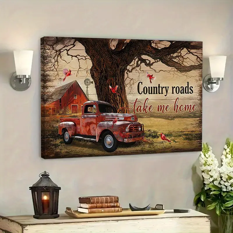 A Farmhouse Wall Art - Country Red Truck Barn Painting with Quote "Country Road Takes Me Home", Wooden Frame Canvas Wall Decoration, Suitable for Living Room, Bedroom, Office - Modern Home Decor, Ready to Hang, 2D Flat Surface, Perfect Room Decoration