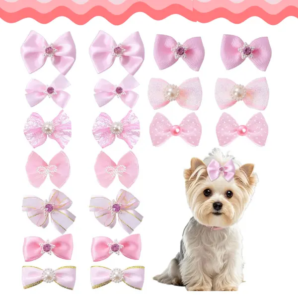 20PCS Cute Dog Hair Bows with Rubber Bands for Small Dogs & Cats, Handmade Pink Puppy Hair Accessories with Lace Rhinestone Pearl, Pet Grooming Bows for Yorkies Shih Tzu Puppies Girls