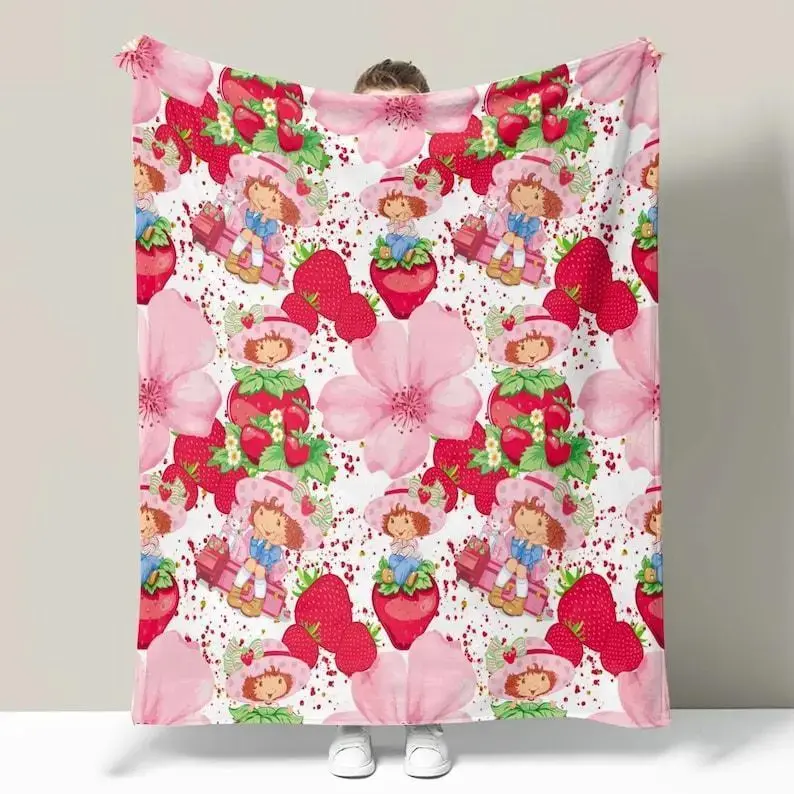 Sads Strawberry Shortcake Flat Velvet Blanket, patterned velvet blanket, decorative multipurpose soft office bedding blanket, plush quilt, gift for kids, suitable for girls and boys, blankets for Halloween and Christmas gifts