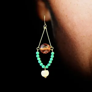 Jewelry Designs by Brandy Frazier Ladies Long Beaded Earrings with Stone and Crystal Beads in Amber, Kelly Green, and Ivory dangling  earring