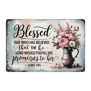 Blessed Luke 145 Verse Bible Scripture Floral Roses Tin Sign， Vintage Pink Roses Floral Metal Sign Print Aesthetic Room Decoration for Home Bedroom Kitchen Bar Dorm Bathroom Wall Decor 8 X 12 Inch