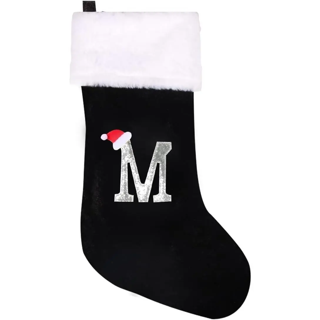 20 Inches Initial Monogram Christmas Stocking Personalized,Deluxe Black Velvet Body with Super Soft Plush Cuff Embroidered Letter,Holiday Season Decor (Black, Letter M)