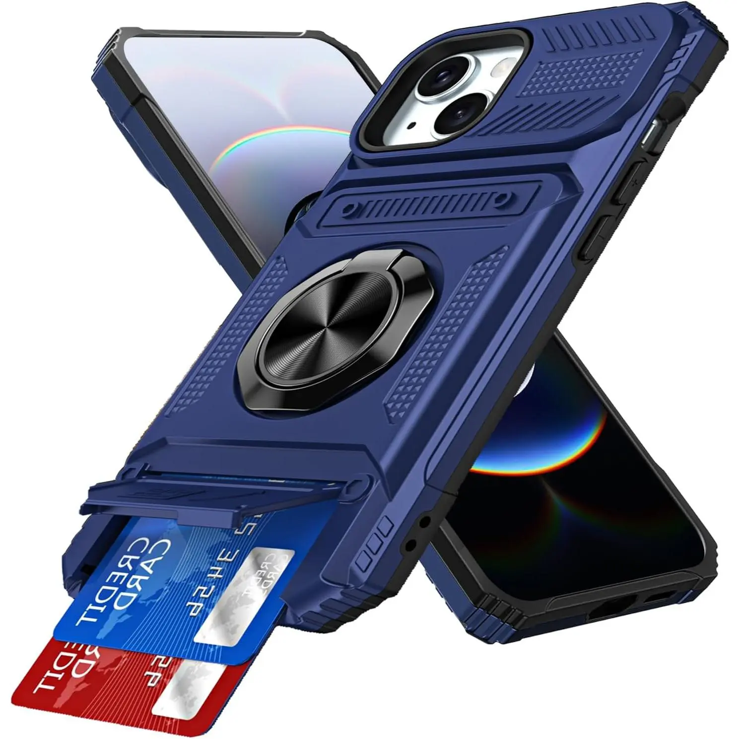 Phone Cases for iPhone 17 Pro Max 16 16E 15 14 13 12 11 Pro Max Plus Case Card Holder [Store 2 Cards] 360° Ring Kickstand Heavy Duty Shockproof Full Body Protective Wallet Cover case for iPhone 17 Pro Max