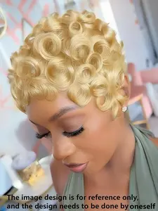 Human Hair Pixie Cut Wig, Short Curly Wavy Wig with Bangs, Natural, Rose Net Cap, Elegant Style for Women, Daily Use