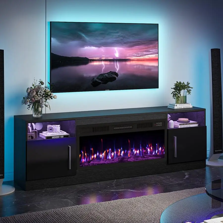 Modern Fireplace TV Stand With 36" Electric Fireplace, And Storage Cabinet For TVs Up To 80" - High Gloss Wood Design For Living Room