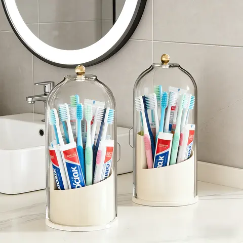 Modern White Plastic Freestanding Countertop Toothbrush Holder - Bathroom Accessory, 3-Brush Slots, 360-Degree Rotation, 490g, Portable, Multifunctional, Dustproof, Waterproof, Lightweight, Durable, Easy to Access, Home Essential