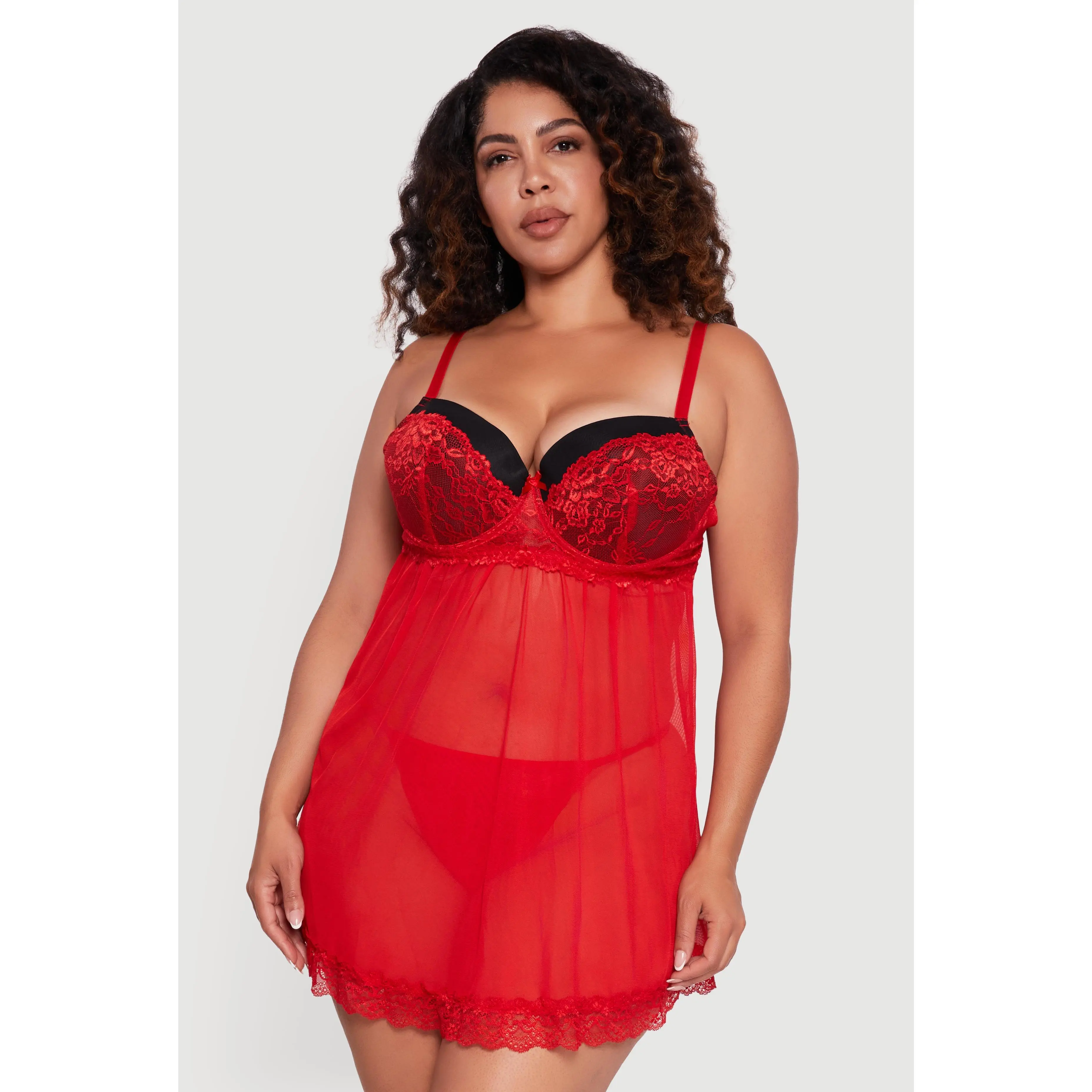 Plus Size Lace Detail Padded Bra Babydoll with G String