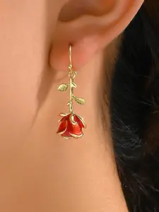 Romantic Lovely Earrings, Dangle Earrings, Metallic Rose Flower Design, Enamel Finish, Perfect Gift for Valentine's Mother's Day Mom