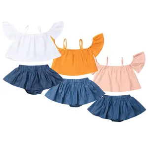 Infant Baby Girl Outfits Solid Color Ruffle Off Shoulder Crop Spaghetti Strap Tops + Skirts Bloomer Shorts + Headband Sets Toddler Summer Clothes