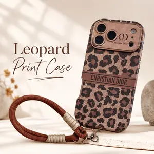 Leopard Print iPhone 17 Pro Max Smartphone Case - Animal-Print Leather-Style Shockproof Cover with Wrist Strap for Cellphone Handheld Accessories