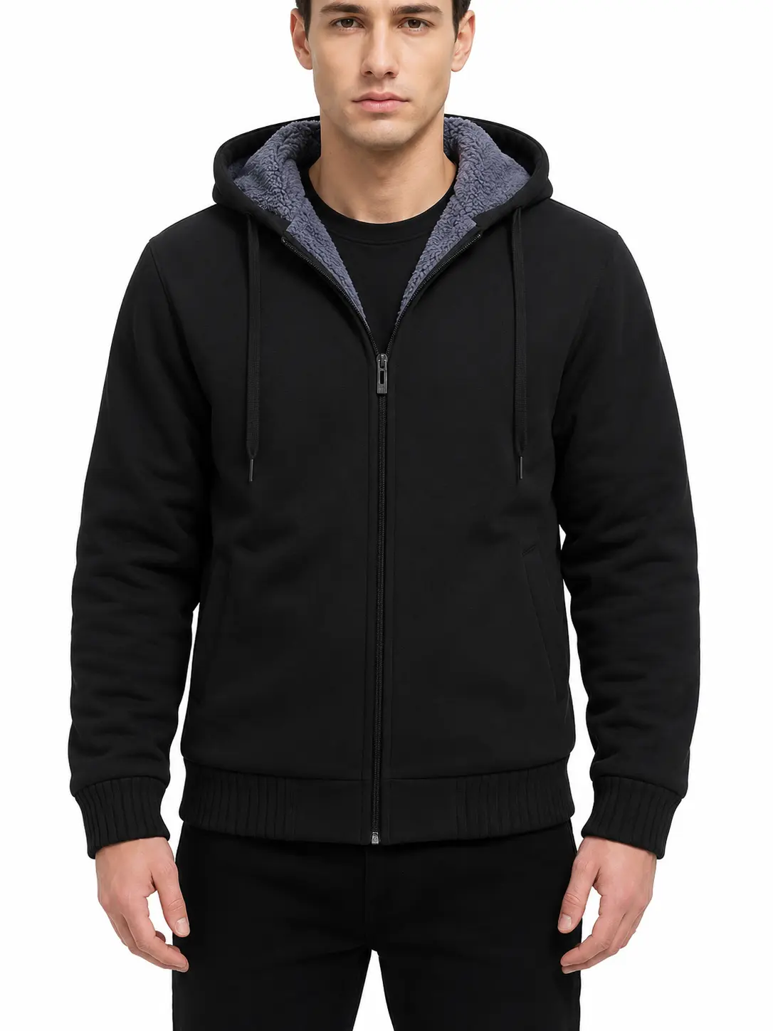 ZITY Men’s Sherpa Full Zip Hoodie - Plain Long Sleeve Tops, Full Zip Warmth, Fall Winter Casual Outerwear, Gym Streetwear, Black, Gifts for Him, Menswear Deals, Hoodies & Sweatshirts