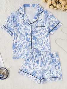 Women's Floral Print Pajama Set, Short Sleeve Button Design, Comfortable Nightwear, Soft Breathable Fabric, Casual Daily Wear
