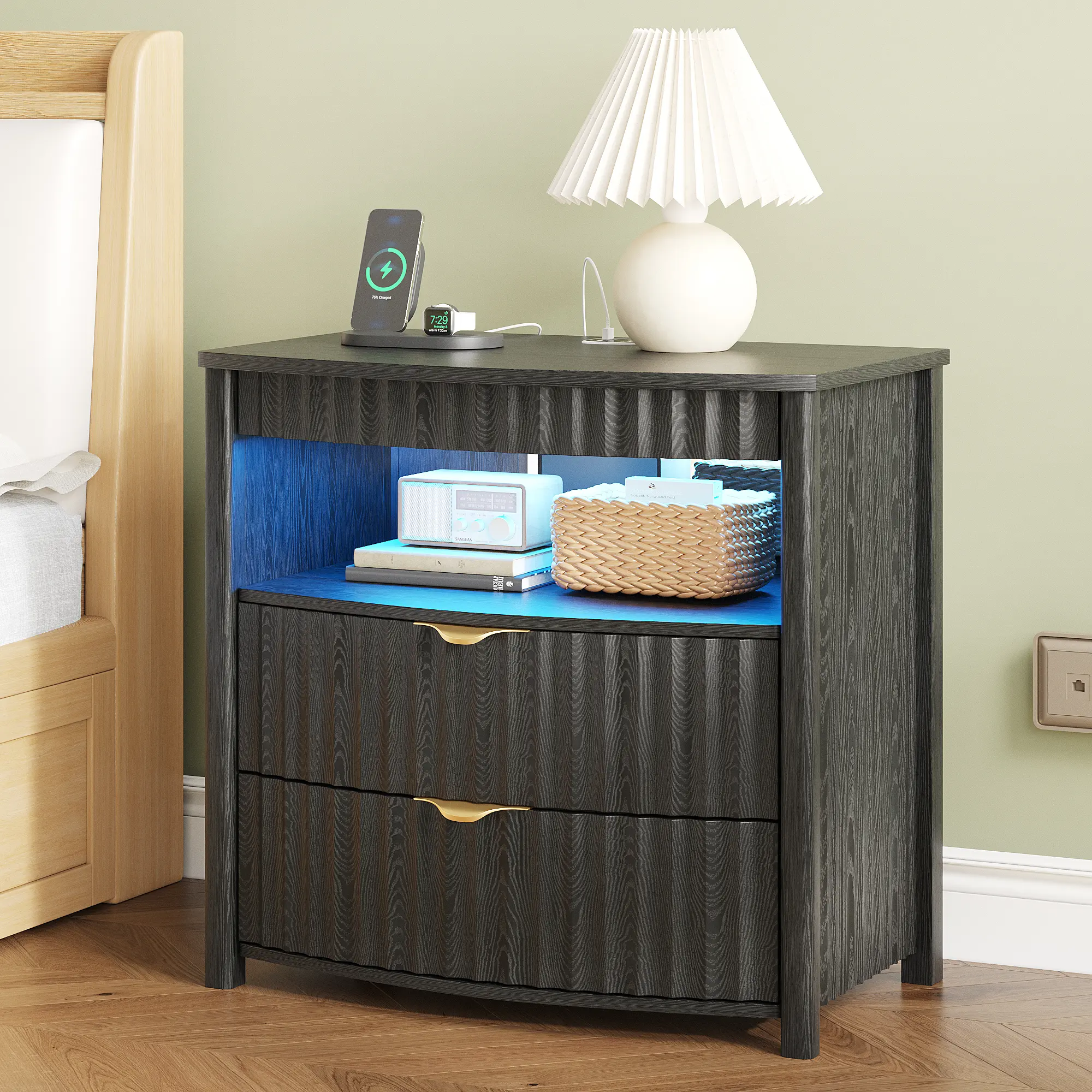 FREDEES LED Bedside Table with Charging Station, Motion Sensor, 23.6In Curved Design, Hidden Gun Drawer, Fluted Details, 2 Storage Drawers & Open Shelf for Bedroom, Requires Assembly