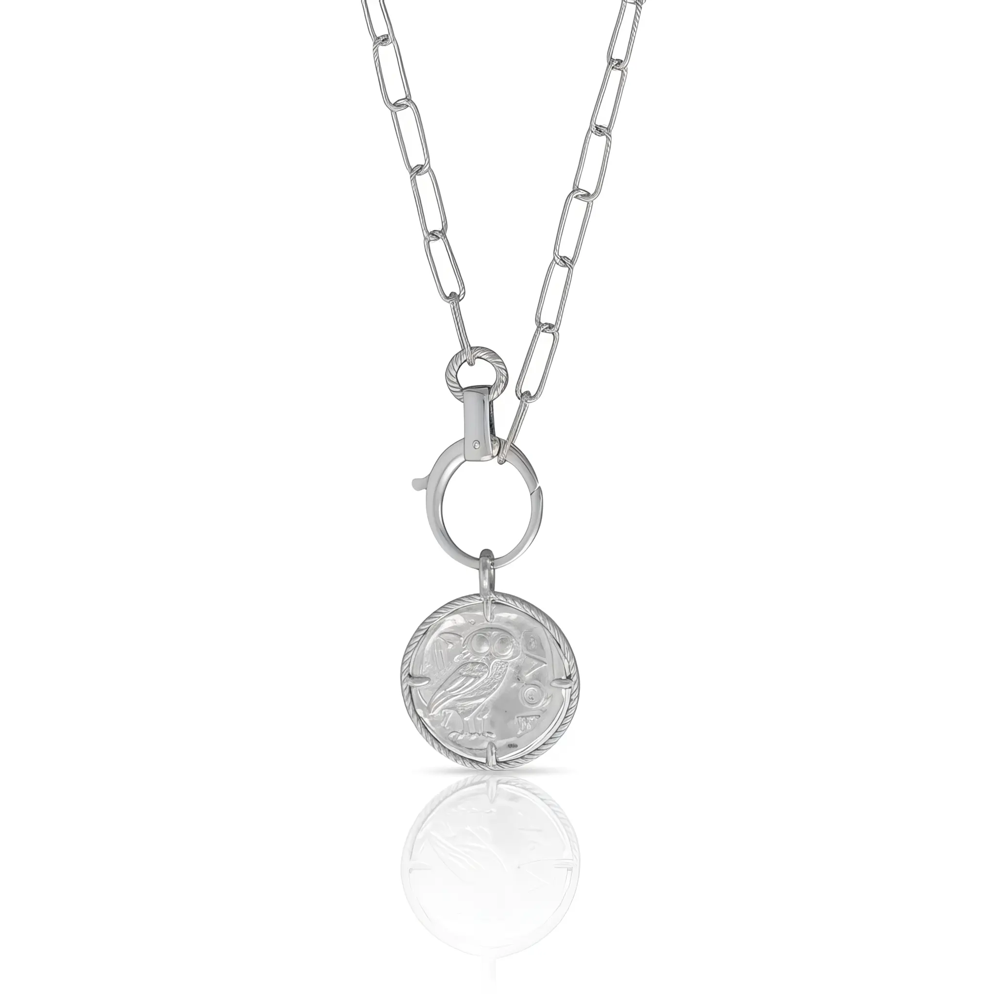 Owl Medallion Necklace 925 Sterling Silver Rhodium 25mm Removable Italy
