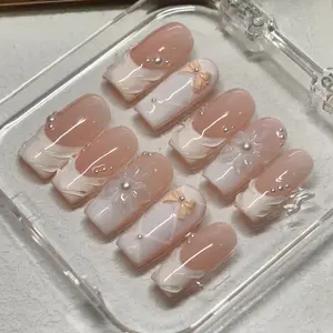 Vosplends  White Ballet, handmade 10pcs  middle coffin  press on nails , 3D flower nails，birthday gifts，Christmas Gifts