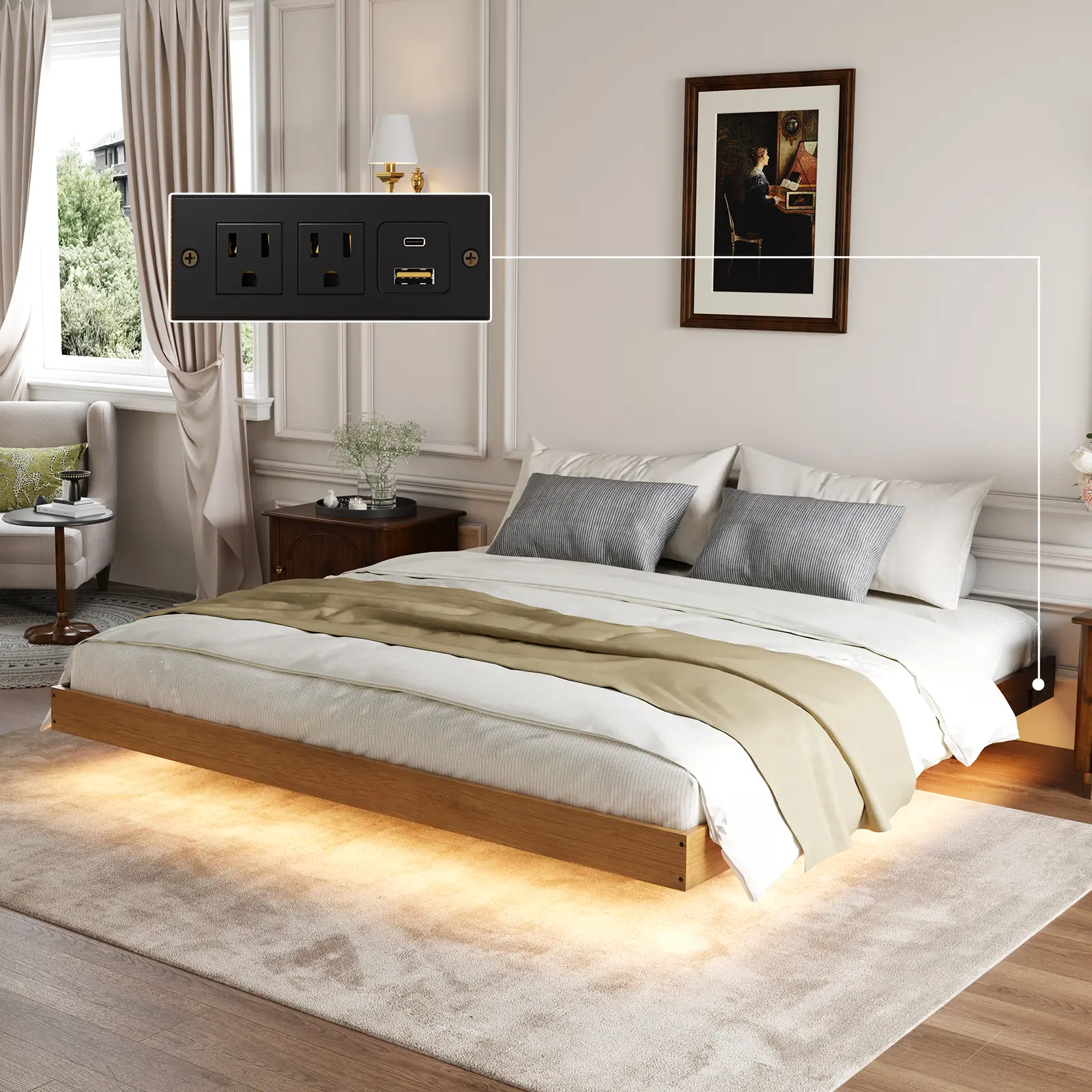 Novilla Floating Bed w/ Motion-Sensor LED + USB-C Charging | 6" Underbed, 800 lbs,full/Queen/King Size