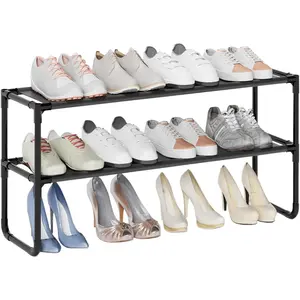 Long Shoe Rack, 2-Tier Stackable Shoe Organizer for Closet, Entryway, Hallway, Extra Bottom Layer, Holds 12-15 Pairs, Sturdy & Durable  Fabric Shelf, Space-Saving,Black