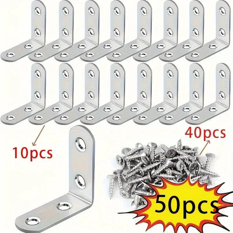 L-shaped stainless steel bracket corner piece set, Sturdy Bracket, 90 degree right angle, including screws, suitable for wooden shelves, chairs, tables, dressing tables, furniture assembly