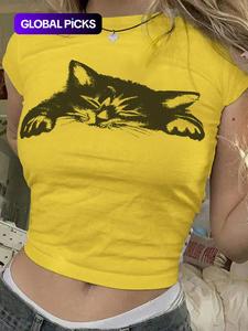 women's cat print round neck tee, casual slim-fitting short sleeve t-shirt for daily wear, ladies clothes for all seasons, womenswear, tshirt