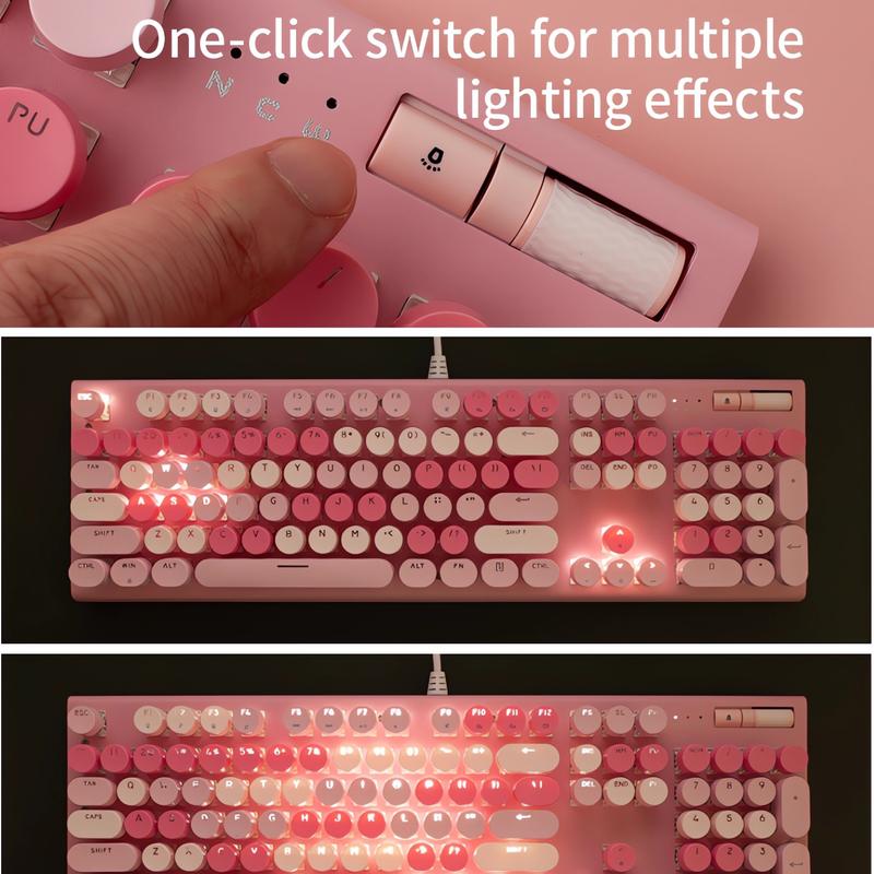 Cute Full Size Wired Keyboard for Girls, White Backlit Typewriter Keyboard with Volume Knob, Light Switch Button and Foldable Stands, Wired Keyboard with Number Pad for Computer PC Laptop