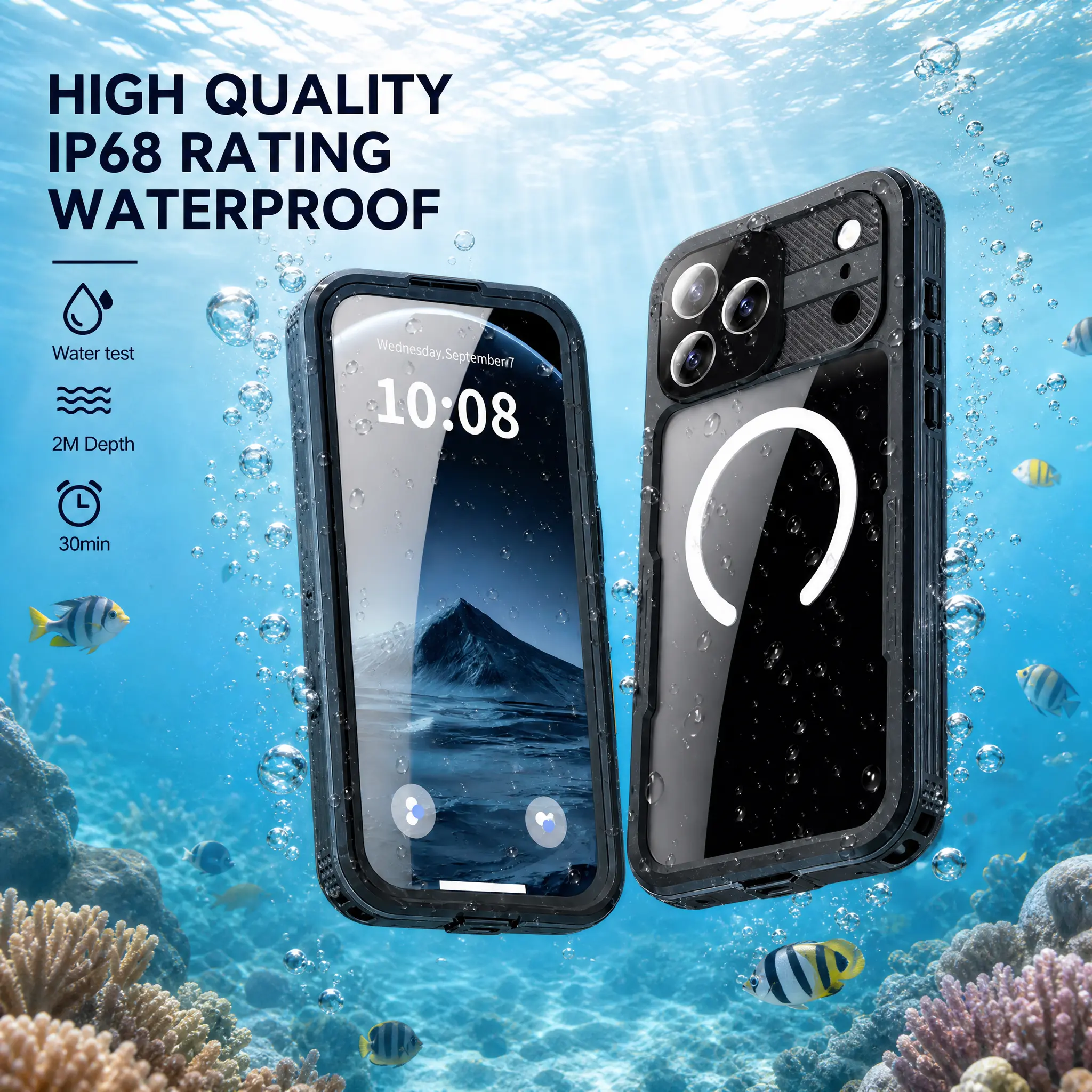 Mars Series IP68 Rated Waterproof Phone Case for iPhone 16-17 Pro Max, 2m Underwater Protection, 1.5m Drop Proof, Dustproof, Snowproof Magnetic Charging Cover with Built-in Screen Protector