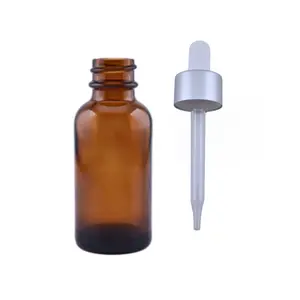30 ml Amber Boston Round Glass Bottle with 20/400 Matte Silver Non-CRC Dropper Straight Tip Glass Pipette for Healthcare & Bathroom Use