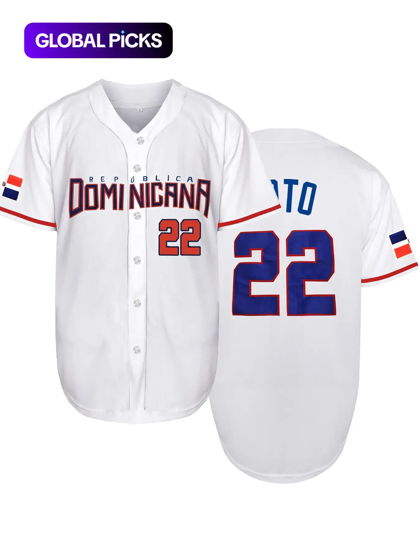 Men's "DOMINICANA 22" Button-Front Casual Sports Jersey, Letter and Number Stitched Casual Loose V-Neck Short-Sleeve Top, Baseball Tops, Athletic Tops for Fall and Winter, Stylish Baseball Apparel and Christmas Gifts