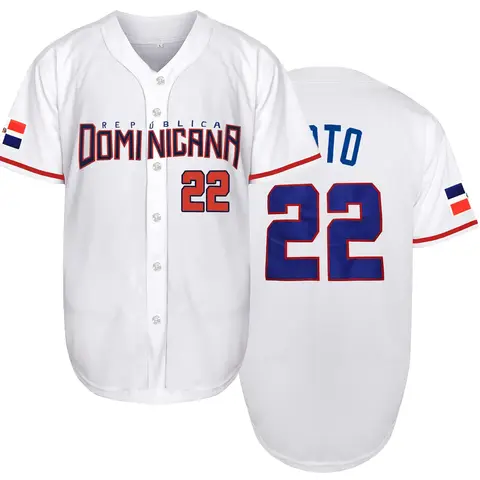 Men's "DOMINICANA 22" Button-Front Casual Sports Jersey, Letter and Number Stitched Casual Loose V-Neck Short-Sleeve Top, Baseball Tops, Athletic Tops for Fall and Winter, Stylish Baseball Apparel and Christmas Gifts