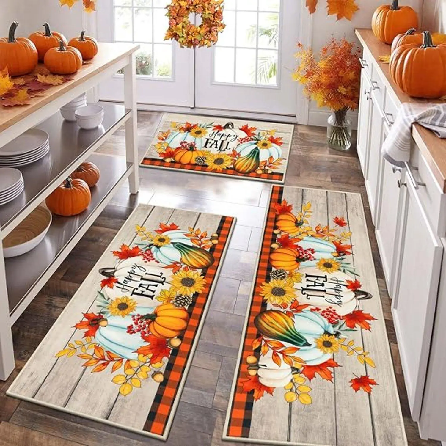 Flannel Area Rugs Soft Indoor Floor Mat Happy Fall Wooden Plank Buffalo Plaid Border Pumpkin Sunflower Maple Leaf Harvest Print Non Slip Absorbent Entryway Kitchen Home Decor Carpet