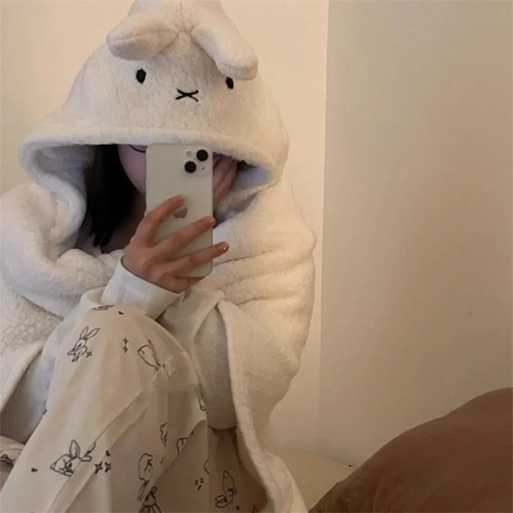 MIFFY Woolen Blanket Women's Home Autumn/Winter Thick Warm Blanket Student Shoulder Strap Hat Integrated Napping Cotton Blanket